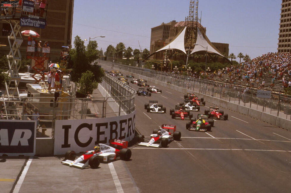 Phoenix Street Circuit (USA): Dreimal fährt die Formel 1 auf dem uninspirierten Stadtkurs, der vor allem aus 90-Grad-Kurven besteht. Für die dritte Auflage im Jahr 1991 ändert man einen Teil der Streckenführung, doch das kann den GP auch nicht vor dem Aus retten. Erst im Jahr 2000 kehrt die Formel 1 in die USA zurück.