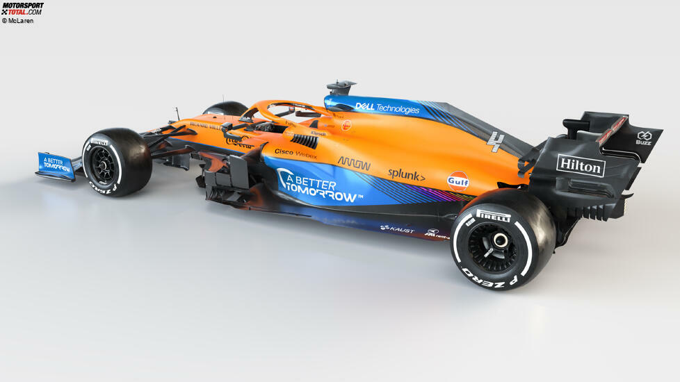 Auffällig ist außerdem die erneut recht leere Motorhaube: Ein sehr prominenter Werbeplatz auf dem McLaren MCL35M präsentiert sich fast komplett ohne Sponsorenlogos, sondern im McLaren-Orange (