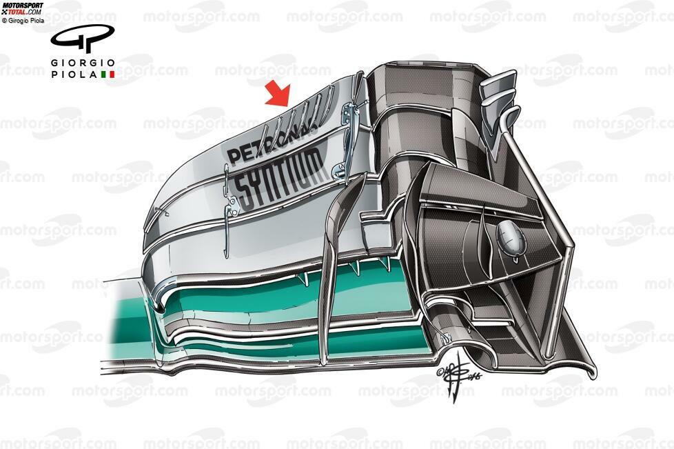 Beim Frontflügel wurde die Endplatte überarbeitet. Außerdem bekam der oberste Flap mehrere kleine aerodynamische Elemente, um in diesem Bereich weitere Gewinne zu erzielen.