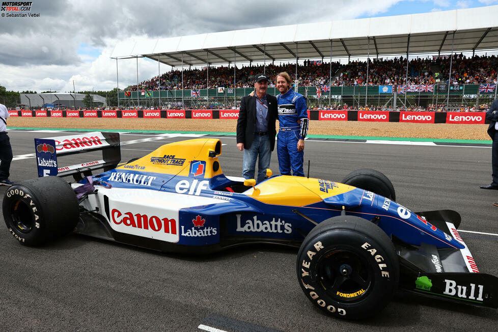 Nigel Mansell und Sebastian Vettel vor Vettels drei Millionen Euro teurem Williams-Renault FW14B.