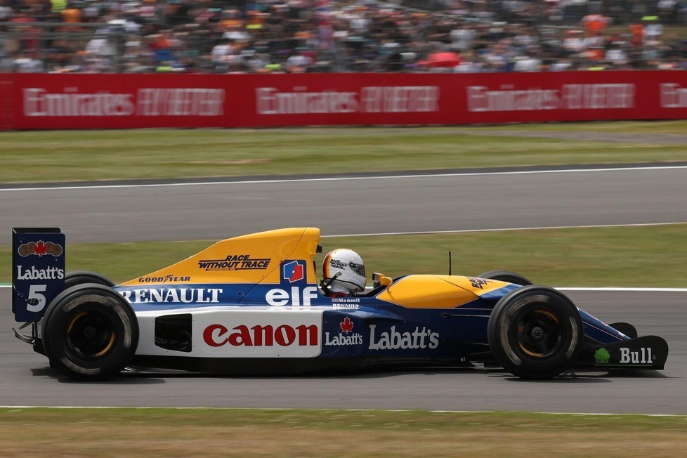 Demofahrt für den Klimaschutz: Sebastian Vettel im drei Millionen Euro teuren Williams-Renault FW14B, mit dem Nigel Mansell 1992 Silverstone gewonnen hat