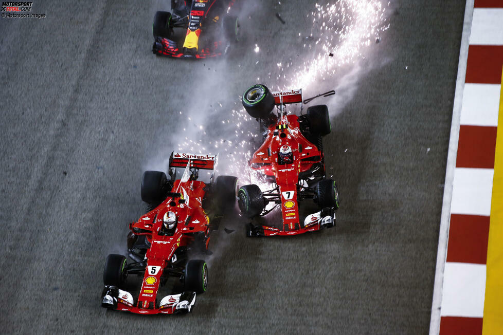 ... nach dem Teamkollegen-Crash mit Räikkönen in Singapur schwinden die WM-Chancen von Vettel im Ferrari SF70H immer weiter. Es wird Platz zwei hinter Hamilton, mit immerhin fünf Siegen. Mehr davon ...