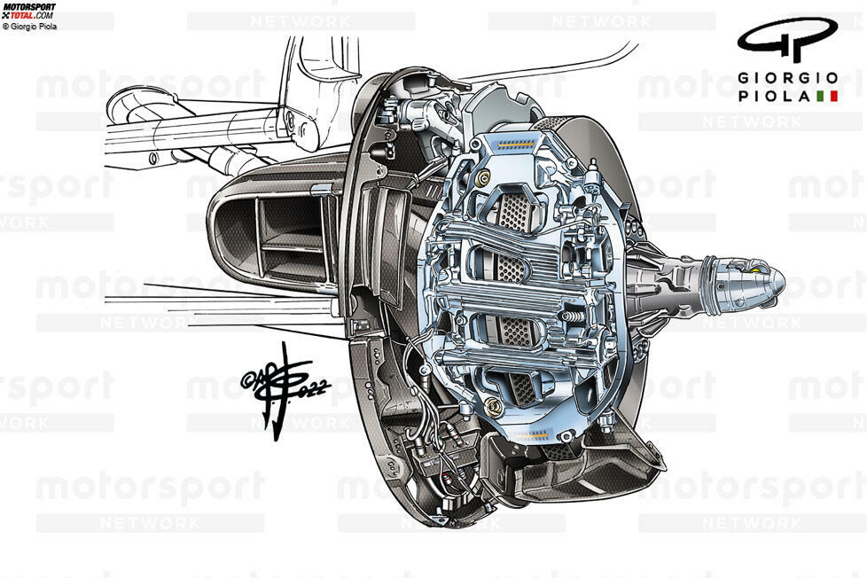 Aston Martin hatte sich dafür entschieden, den vorderen Bremssattel für 2022 an der Vorderseite der Baugruppe zu montieren, damit die von der Bremsscheibe abgeleitete Wärme einen Weg zwischen ihr und der Bremstrommel findet.