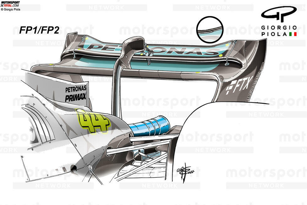 Aufgrund der Budgetgrenze modifizerten Teams für Monza ihre bekannten Heckflügel, anstatt komplett neue zu bringen. Mercedes setzte auf die Low-Downforce-Variante. Mit der konventionell geformten Hauptebene und der vollen Endplattenecke wurde dann die Hinterkante des oberen Flaps beschnitten und ein Gurney-Flap hinzugefügt.