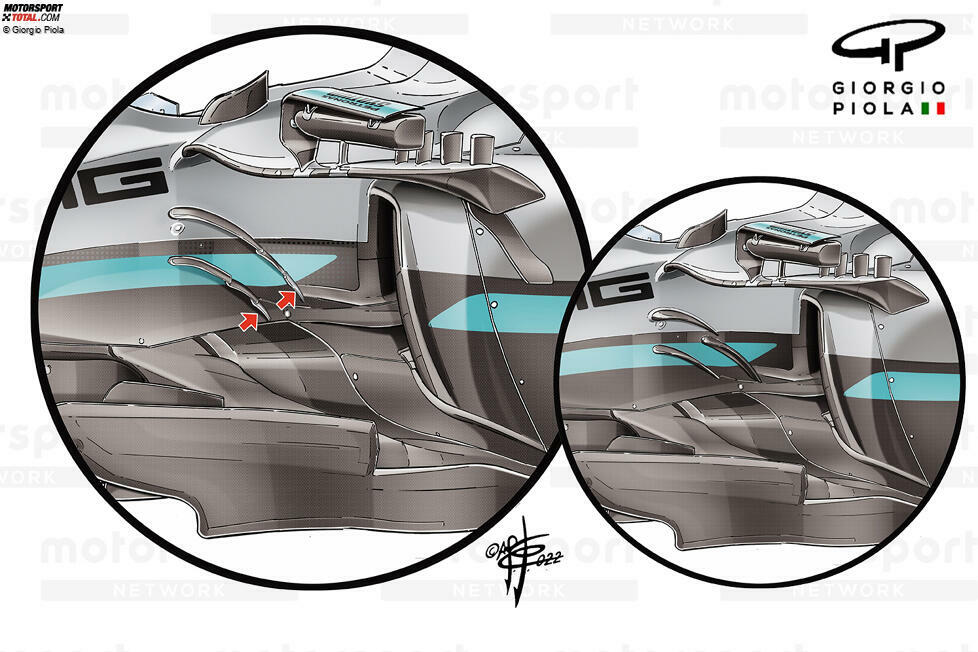 Um die neuen Strömungsstrukturen vor ihnen zu maximieren und die von ihnen erzeugte Strömung neu auszurichten, änderte Mercedes auch die Anordnung der Leitflügel an der Seite des Chassis.