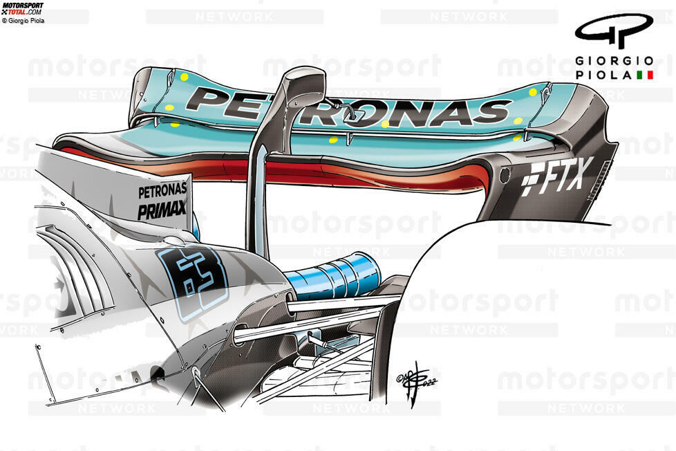 Um den Abtrieb und den Luftwiderstand in Saudi-Arabien zu verringern, entfernte Mercedes ein großes Stück der Hinterkante des oberen Heckflügels und auch den Gurney-Flap.