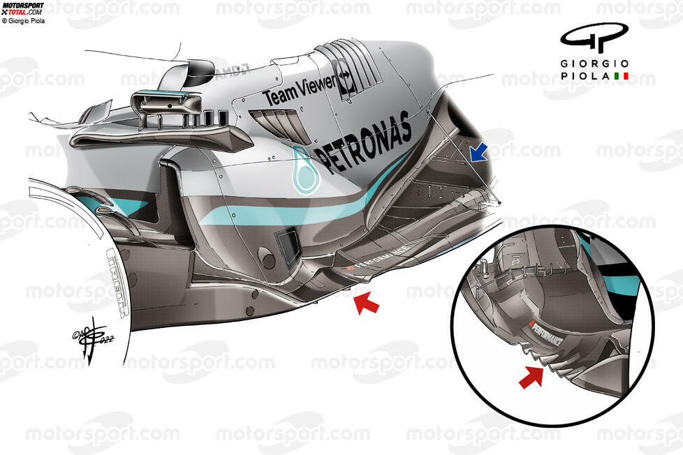 Der W13 wurde für den Test in Bahrain einem bedeutenden Eingriff unterzogen, bei dem die 