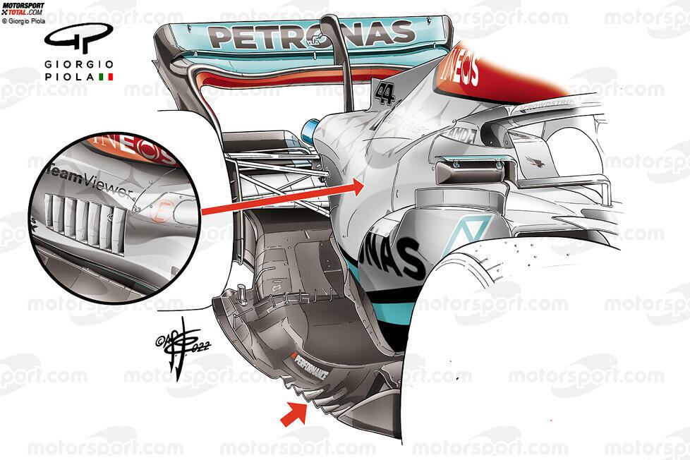 Der Mercedes W13 sah bei der Präsentation und während des Shakedowns vor der Saison anders aus, als er in Zukunft aussehen würde. Mit einem größeren Seitenkästen und einer zerknitterten Bodenkante sollte das Auto nach diesem Basistest in Barcelona eine deutliche Überarbeitung erhalten.