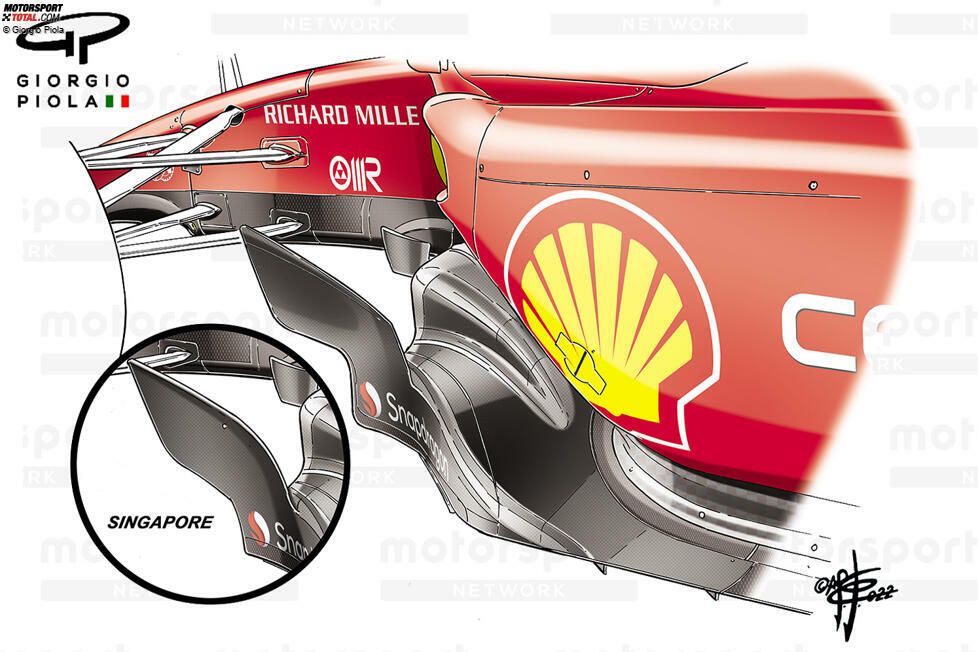 Zum Zeitpunkt des Japan-Rennens hatte Ferrari die Entwicklung schon lange vorher eingestellt, um sich auf 2023 zu konzentrieren. Die äußere Unterbodenverkleidung, auf die das Team viel Entwicklungsarbeit verwendet hatte, wurde noch einmal neu profiliert, wobei die Form des unteren vorderen Ausschnitts noch einmal geändert wurde.