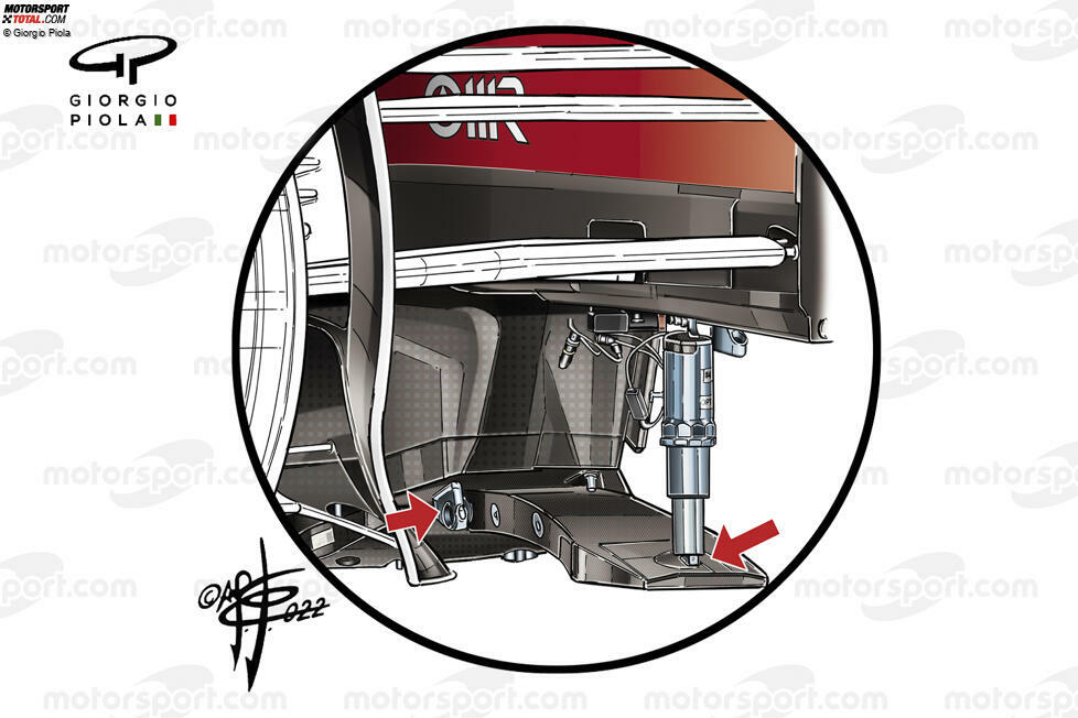 Die Bilder aus der Boxengasse, die den F1-75 in verschiedenen Zuständen der Entkleidung zeigen, geben uns den gewünschten Blick auf den Latz, der nicht nur unter dem Chassis aufgehängt ist, um eine gewisse Durchbiegung zu ermöglichen, sondern auch einen Dämpfer hat, um diese zu kontrollieren.