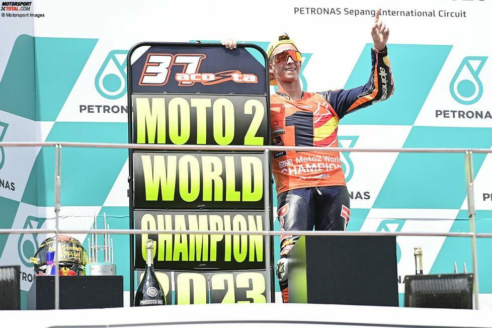 Mit 14 Podestplätzen, davon sieben Siegen, wird Acosta Moto2-Weltmeister 2023. Sein Durchmarsch durch die Klassen ist unaufhaltsam. Er wird schon als künftiger MotoGP-Champion gehandelt.