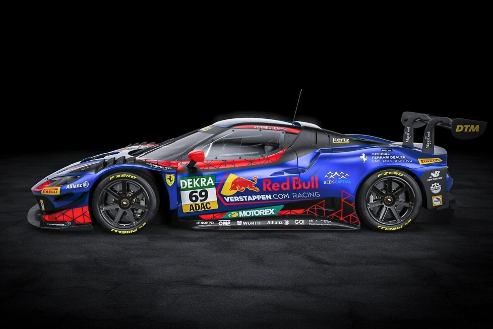 Das Schweizer Emil-Frey-Team steigt 2023 mit zwei Ferrari 296 GT3 und den Piloten Jack Aitken und Thierry Vermeulen in die DTM ein. So sieht das Red-Bull-Design aus.