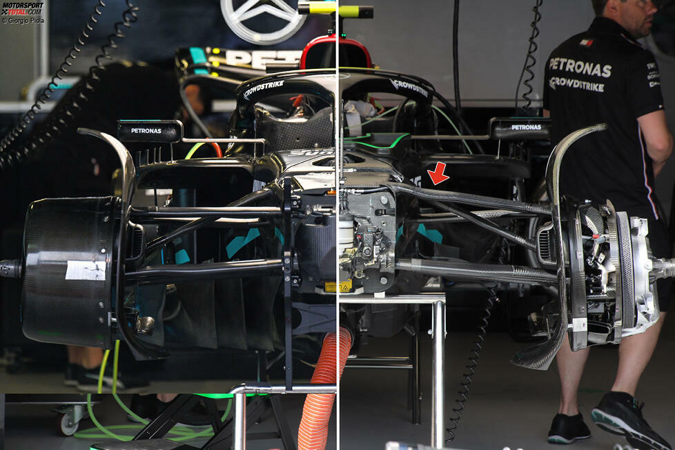 Vergleich: Die Vorderrad-Aufhängung am Mercedes W14 alt (links) und neu (rechts)