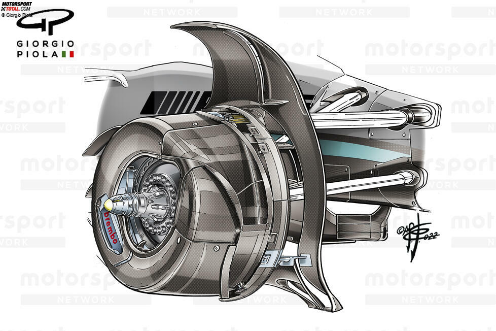 Mercedes entschied sich für eine aufwändigere Lösung und schuf einen internen Dralltopf, um den Luftstrom und die Wärme um die Baugruppe herum zu sammeln und zu leiten, bevor er zum nach hinten gerichteten Auslass gelenkt wird.