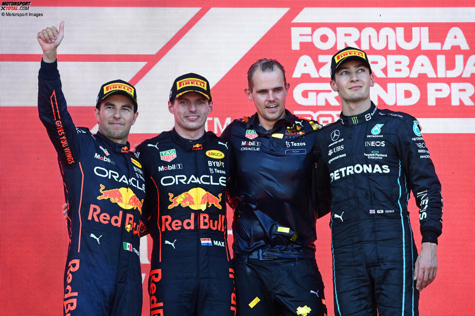 2022: Max Verstappen (Red Bull) vor Sergio Perez (Red Bull) und George Russell (Mercedes)