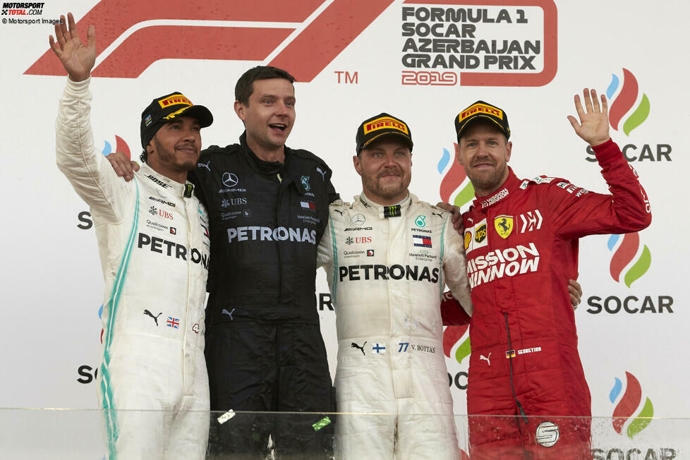 2019: Valtteri Bottas (Mercedes) vor Lewis Hamilton (Mercedes) und Sebastian Vettel (Ferrari)