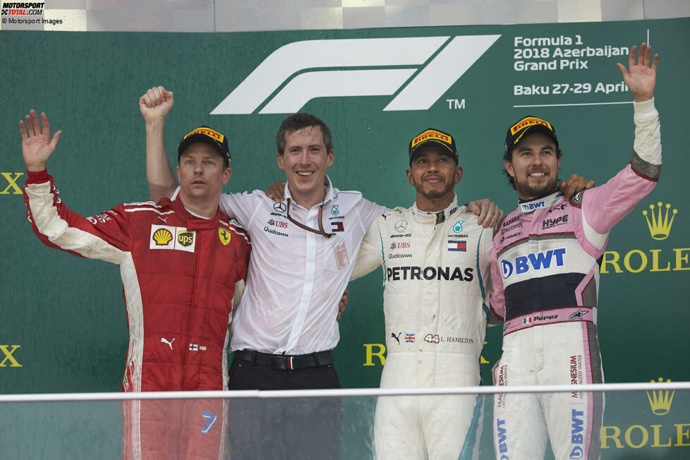 2018: Lewis Hamilton (Mercedes) vor Kimi Räikkönen (Ferrari) und Sergio Perez (Force India)