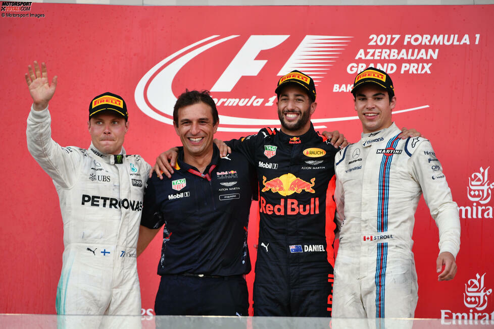 2017: Daniel Ricciardo (Red Bull) vor Valtteri Bottas (Mercedes) und Lance Stroll (Williams)