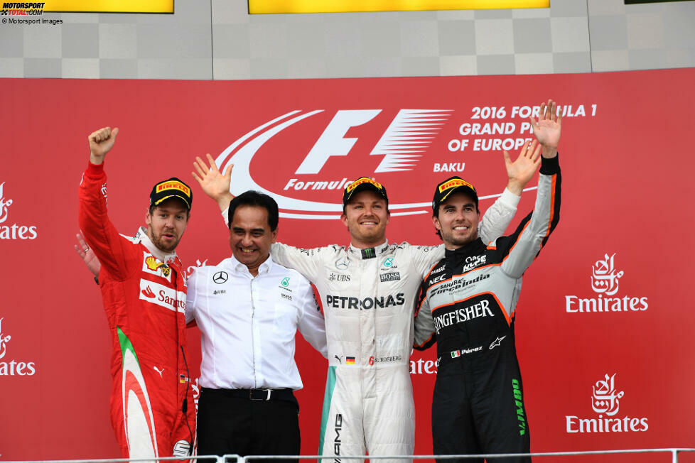 2016 (als Europa-Grand-Prix): Nico Rosberg (Mercedes) vor Sebastian Vettel (Ferrari) und Sergio Perez (Force India)
