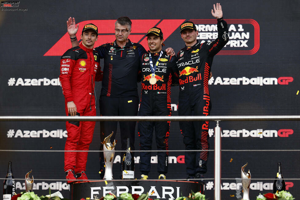 2023: Sergio Perez (Red Bull) vor Max Verstappen (Red Bull) und Charles Leclerc (Ferrari)