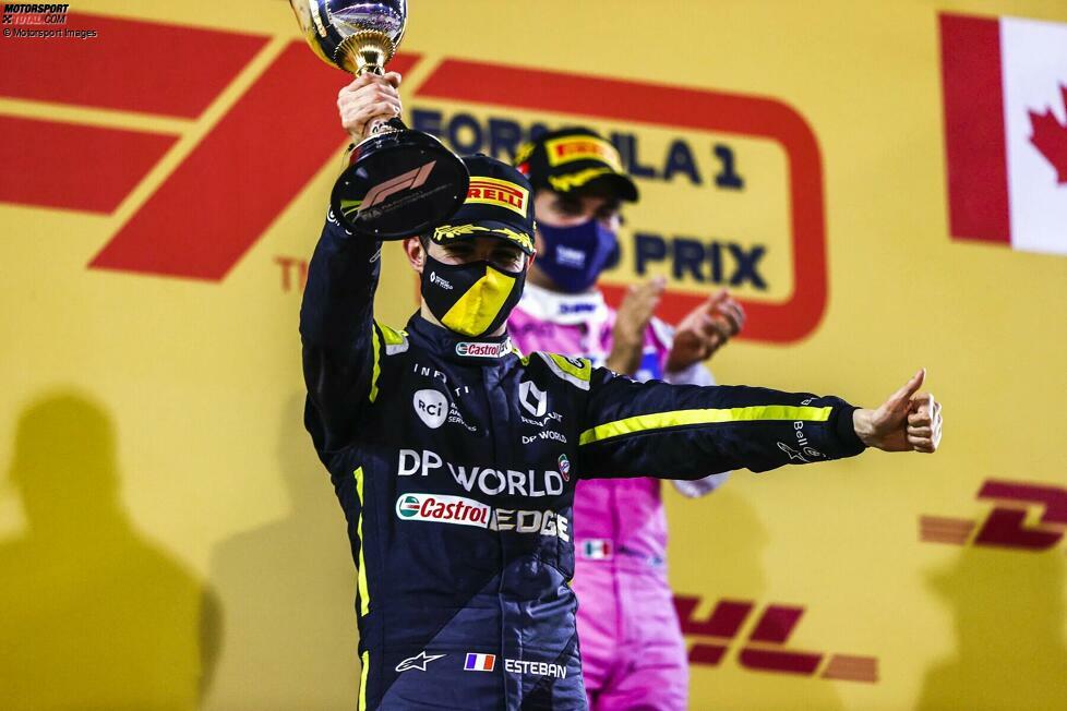 Esteban Ocon (Sachir 2020): Beim ersten Sieg von Sergio Perez, der nach der ersten Runde Letzter war, wird häufig übersehen, dass Sachir auch das erste Podium für Ocon ist, der im Renault hinter seinem Ex-Teamkollegen Zweiter wird. Für ihn ist es bereits das 66. Formel-1-Rennen.