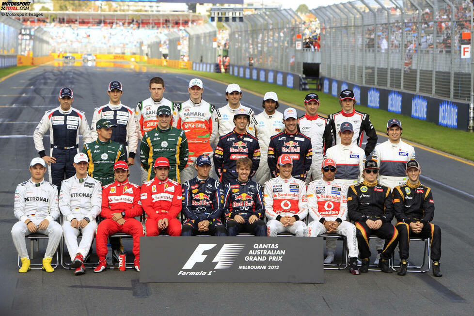 2012 - Vorne: N. Rosberg, M. Schumacher, F. Massa, F. Alonso, M. Webber, S. Vettel, J. Button, L. Hamilton, K. Räikkönen, R. Grosjean; Mitte: H. Kovailanen, W. Petrow, D. Ricciardo, J. Vergne, K. Kobayashi, S. Perez; Hinten: P. Maldonado, B. Senna, P. di Resta, N. Hülkenberg, P. de la Rosa, N. Karthikeyan, T. Glock, C. Pic.