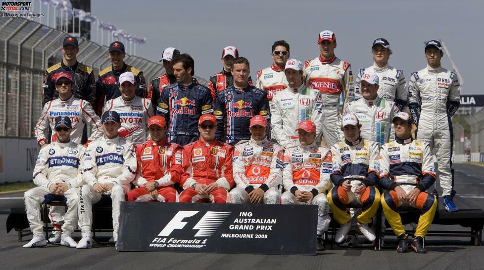 2008 - Vorne: N. Heidfeld, R. Kubica, F. Massa, K. Räikkönen, L. Hamilton, H. Kovalainen, F. Alonso, N. Piquet Jr; Mitte: J. Trulli, T. Glock, M. Webber, D. Cpulthard, J. Button, R. Barrichello; Hinten: S. Bourdais, S. Vettel, T. Sato, A. Davidson, G. Fisichella, A. Sutil, N. Rosber, K. Nakajima.