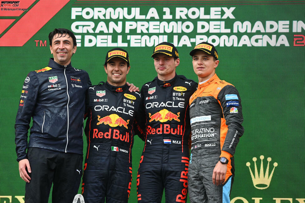 2022 (als Emilia-Romagna-Grand-Prix): Max Verstappen (Red Bull) vor Sergio Perez (Red Bull) und Lando Norris (McLaren)
