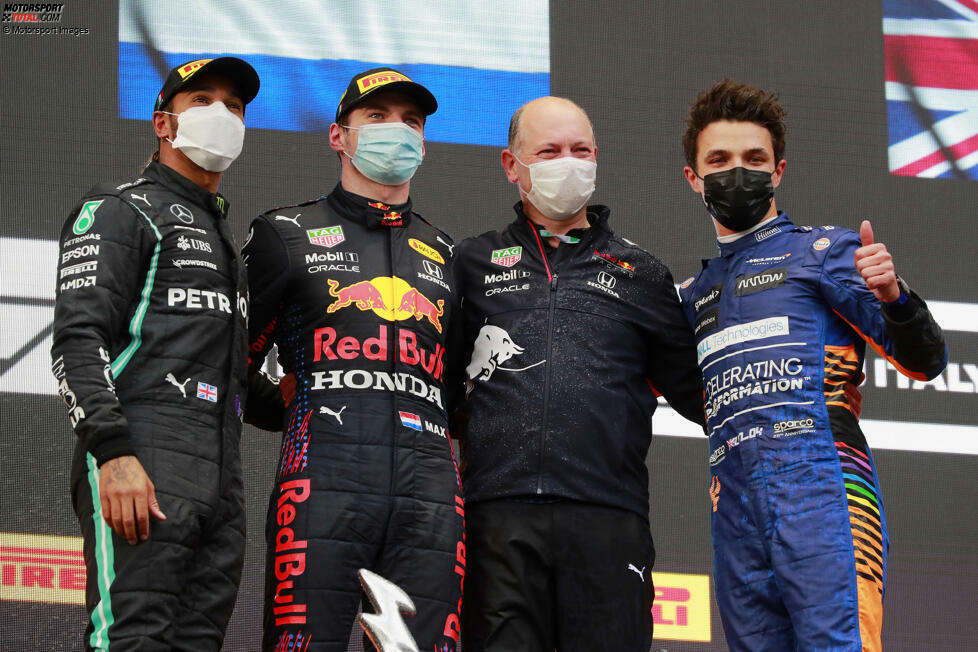 2021 (als Emilia-Romagna-Grand-Prix): Max Verstappen (Red Bull) vor Lewis Hamilton (Mercedes) und Lando Norris (McLaren)