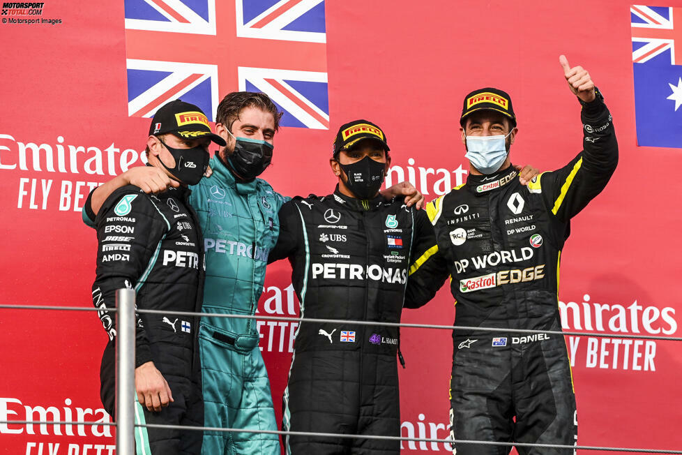 2020 (als Emilia-Romagna-Grand-Prix): Lewis Hamilton (Mercedes) vor Valtteri Bottas (Mercedes) und Daniel Ricciardo (Renault)