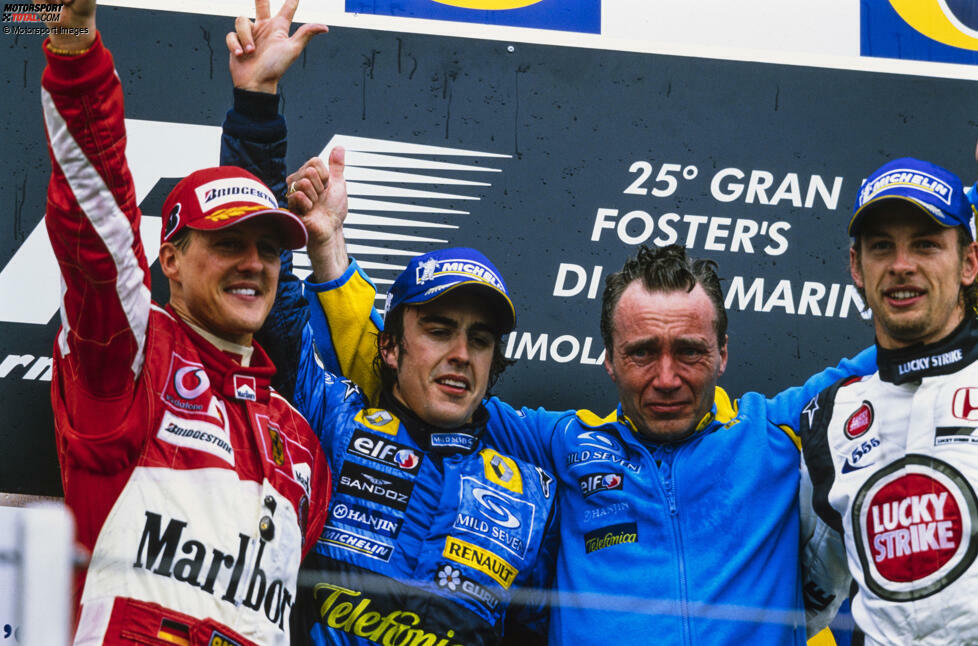 2005 (als San-Marino-Grand-Prix): Fernando Alonso (Renault) vor Michael Schumacher (Ferrari) und Alexander Wurz (McLaren)