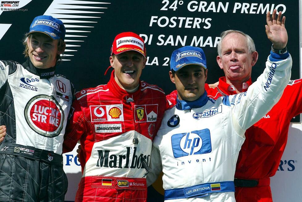 2004 (als San-Marino-Grand-Prix): Michael Schumacher (Ferrari) vor Jenson Button (BAR) und Juan Pablo Montoya (Williams)