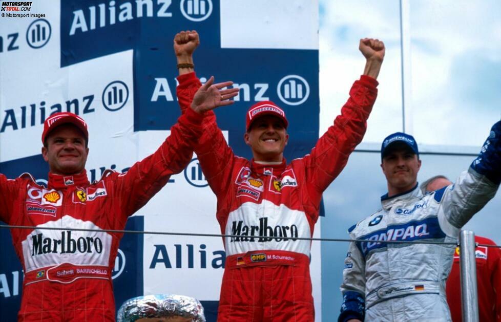 2002 (als San-Marino-Grand-Prix): Michael Schumacher (Ferrari) vor Rubens Barrichello (Ferrari) und Ralf Schumacher (Williams)