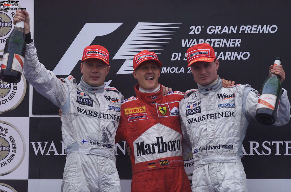 2000 (als San-Marino-Grand-Prix): Michael Schumacher (Ferrari) vor Mika Häkkinen (McLaren) und David Coulthard (McLaren)