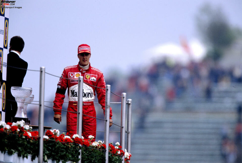 2003 (als San-Marino-Grand-Prix): Michael Schumacher (Ferrari) vor Kimi Räikkönen (McLaren) und Rubens Barrichello (Ferrari)