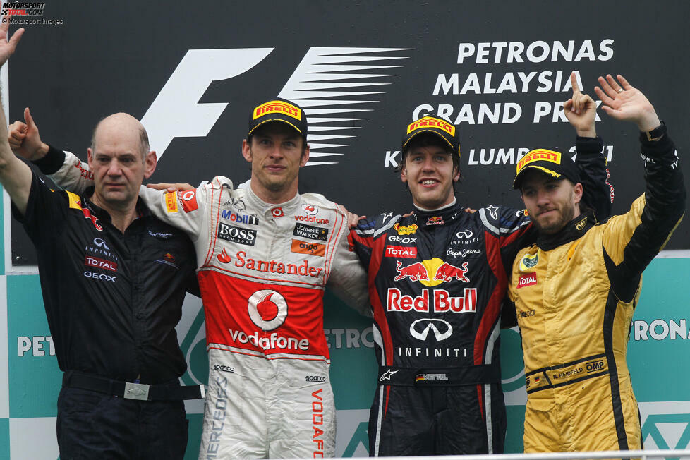 2011 - 2 Podestplätze: Sebastian Vettel dominiert, und auch der Kampf um das Podium ist wenig aufregend. Nur Lotus schafft es zweimal zur Siegerehrung - in den ersten beiden Saisonrennen. Witali Petrow wird in Melbourne Dritter, Kubica-Ersatz Nick Heidfeld holt das gleiche Ergebnis in Malysia.