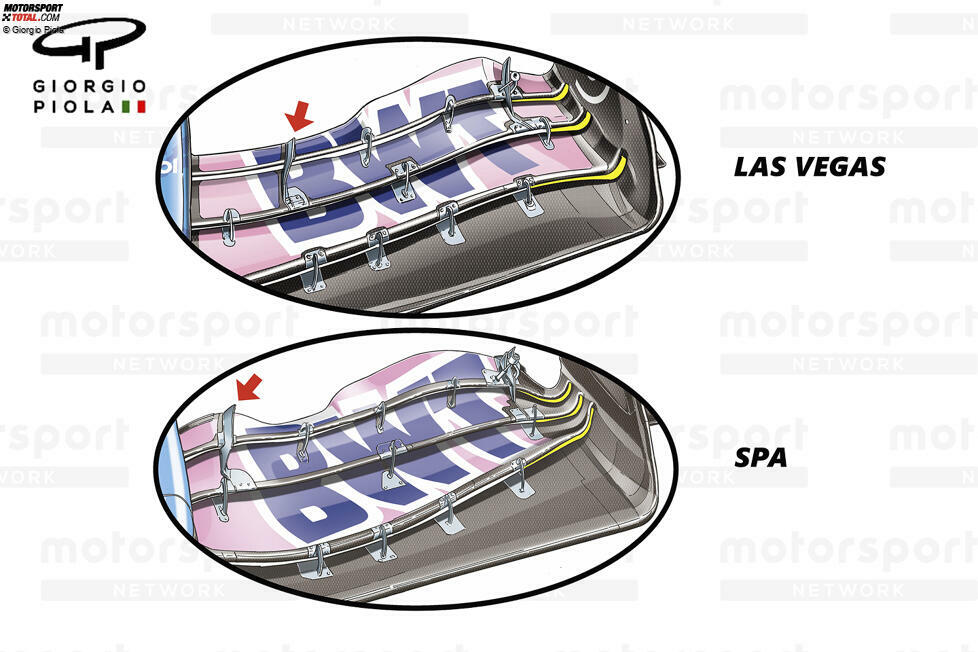 Beim Großen Preis von Las Vegas kehrte das Team zu seinem Frontflügeldesign vom Anfang der Saison zurück, wobei die Flap-Verteilung (gelb hervorgehoben) und der Verstellmechanismus (roter Pfeil) geändert wurden.