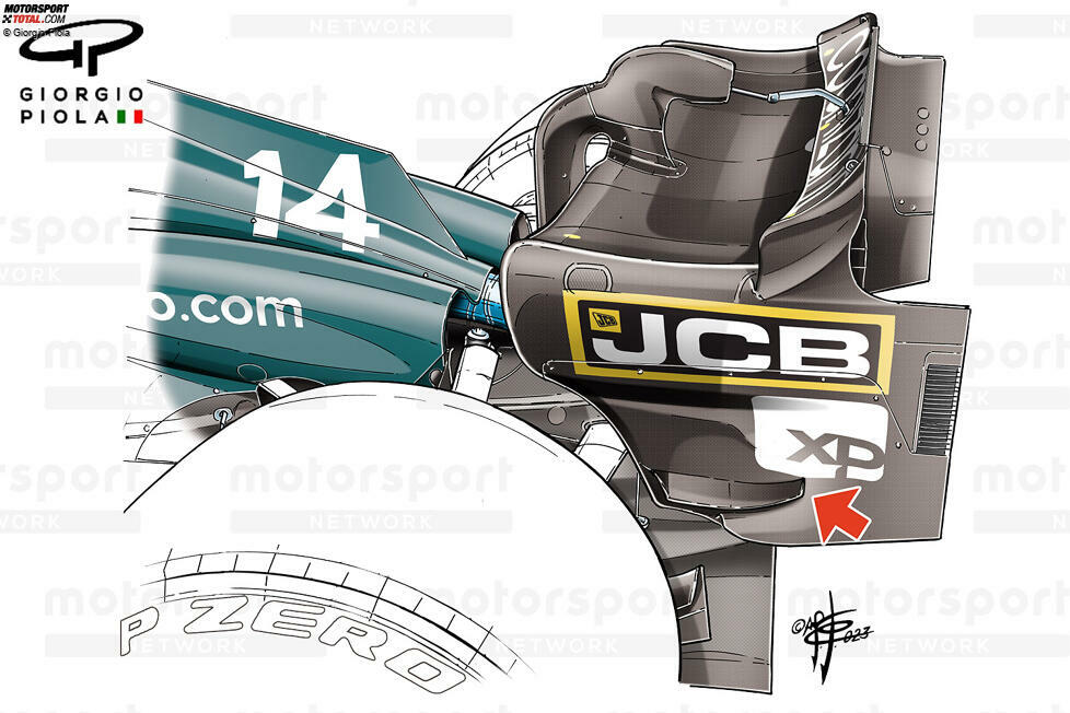 Aston Martin war eines der ersten Teams, das die Sickenlinie an der unteren Außenfläche seiner Endplatte (roter Pfeil) einsetzte. Die Oberfläche diente als Mittel, um ein wenig Outwash zu erzeugen und die verschiedenen aerodynamischen Strukturen in ihrer Nähe zu verbinden.