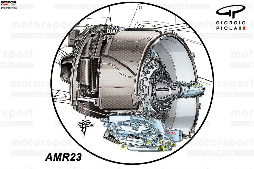 Aston Martin war eines der wenigen Teams, das röhrenförmige Kühlrippen an den Bremssätteln einsetzte, um Gewicht zu sparen und die Kühlung zu verbessern (gelb markiert).