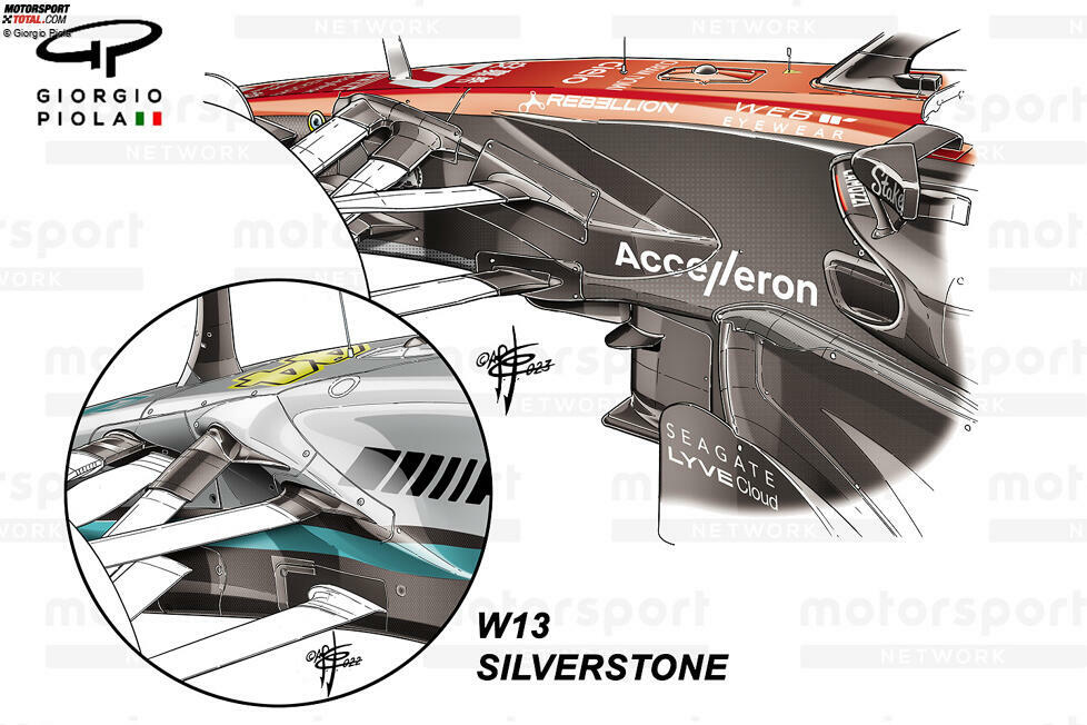 ... die beiden Lösungen im Direktvergleich: Das Original von Mercedes aus der Saison 2022 und die Alfa-Romeo-Variante, wie sie erstmals beim Auftaktrennen 2023 in Bahrain verwendet wird - bei den Testfahrten vorab ist das Team noch ohne die Neuerung gefahren. Und auch Mercedes ...