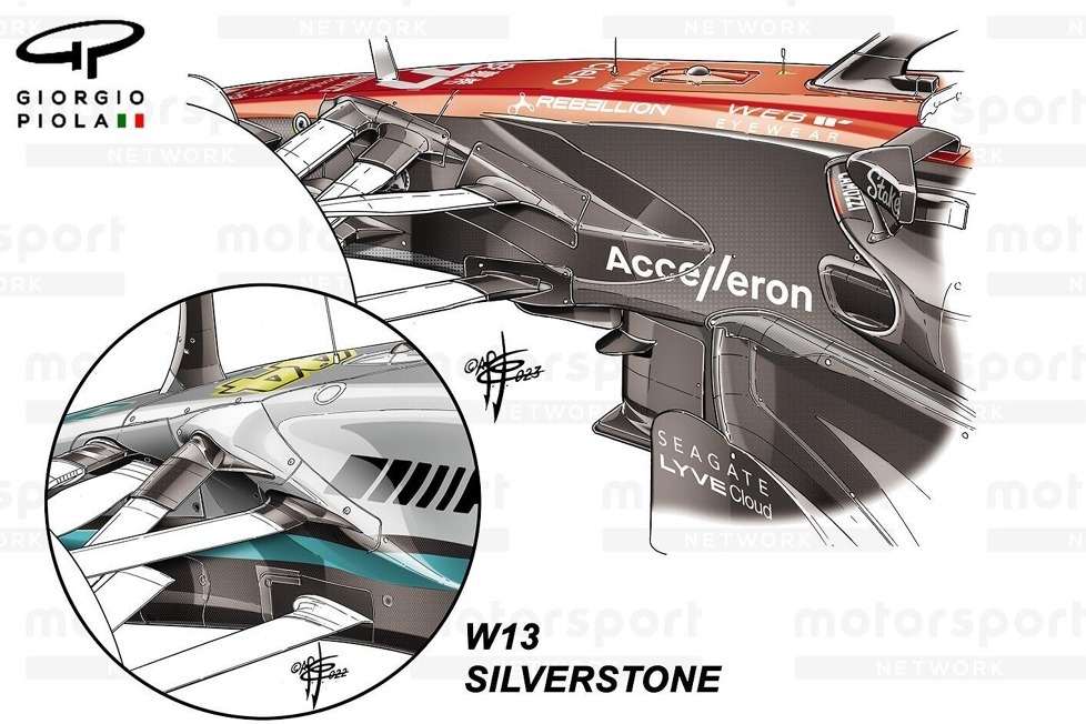 Unsere Detailaufnahmen zeigen, wie Alfa Romeo in der Formel-1-Saison 2023 eine technische Idee von Mercedes kopiert und wie innovativ Mercedes sein neues Auto designt hat