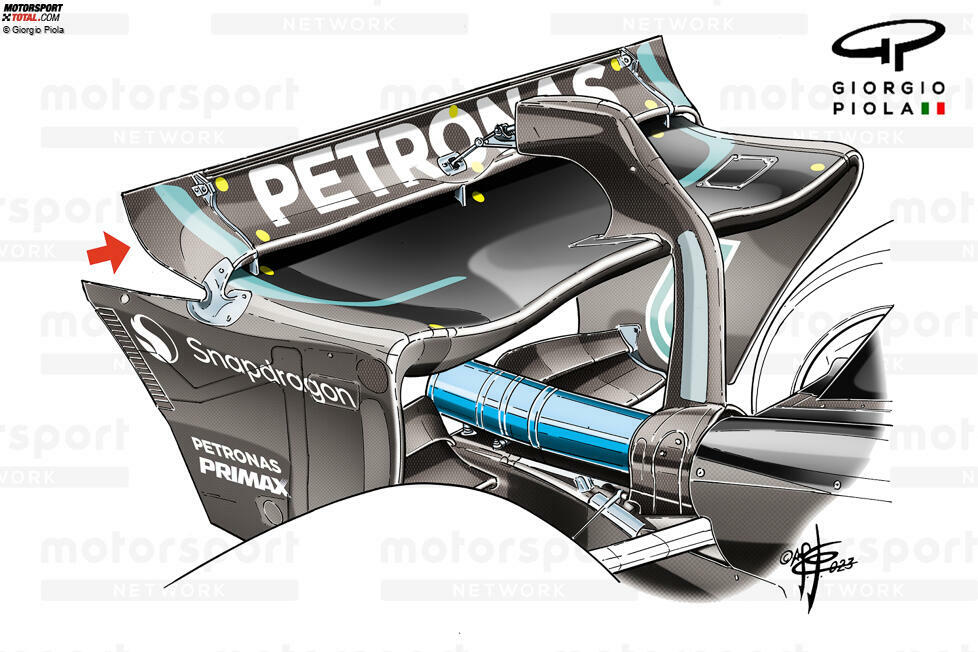 ... nutzt Mercedes eine Halterung aus Metall, um den Abstand der beiden Flügelprofile zueinander möglichst konstant zu haben. Bei ...