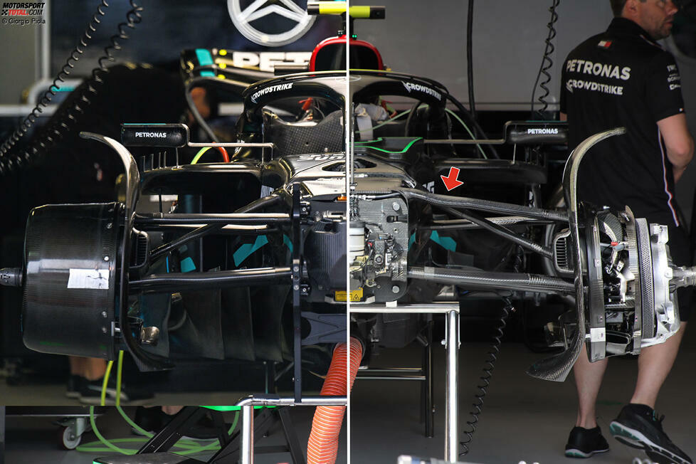 Mercedes W14: Vorderrad-Aufhängung alt (links) und neu (rechts)