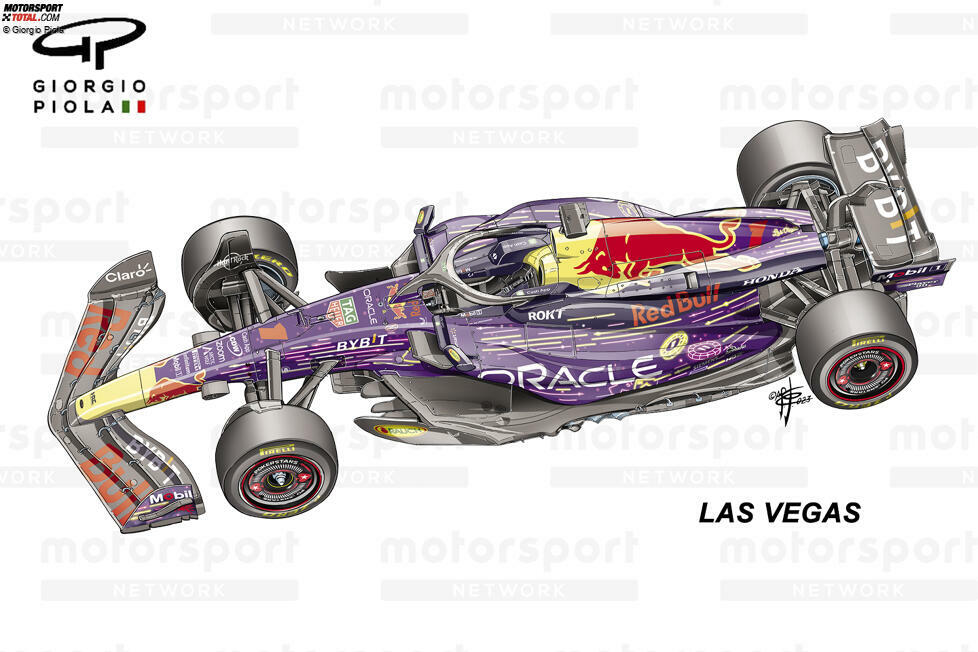 Ebenfalls in Las Vegas setzte Red Bull eine weitere Sonderlackierung ein für den RB19. Technisch passierte im Endspurt der Saison 2023 aber nicht mehr viel: Das letzte Update zugunsten einer besseren Kühlung hatte das Team schon zwei Rennen zuvor in Mexiko eingesetzt.