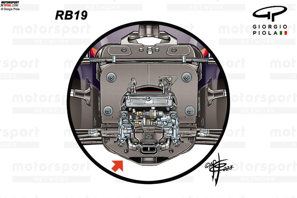 Im Vergleich zum Vorjahr modifiziert ist die Unterseite der Frontpartie: Hier hat Red Bull beim RB19 eine V-Form eingebaut, wo beim Vorjahresmodell RB18 ...