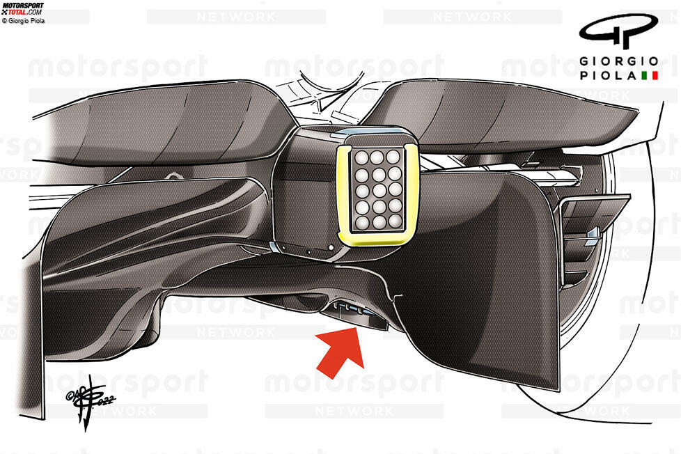 Hier ist Red Bulls Kufen-Lösung zu sehen, die hinter dem Diffusor hervorlugt. Die Metalloberfläche war die Interpretation eines Edge-Wings, der nicht an der Seite, sondern an der Unterseite des Bodens aufgehängt wurde. Sie wurde schnell von anderen übernommen, da man auch die Verbesserung des Fahrverhaltens erkannt hat.