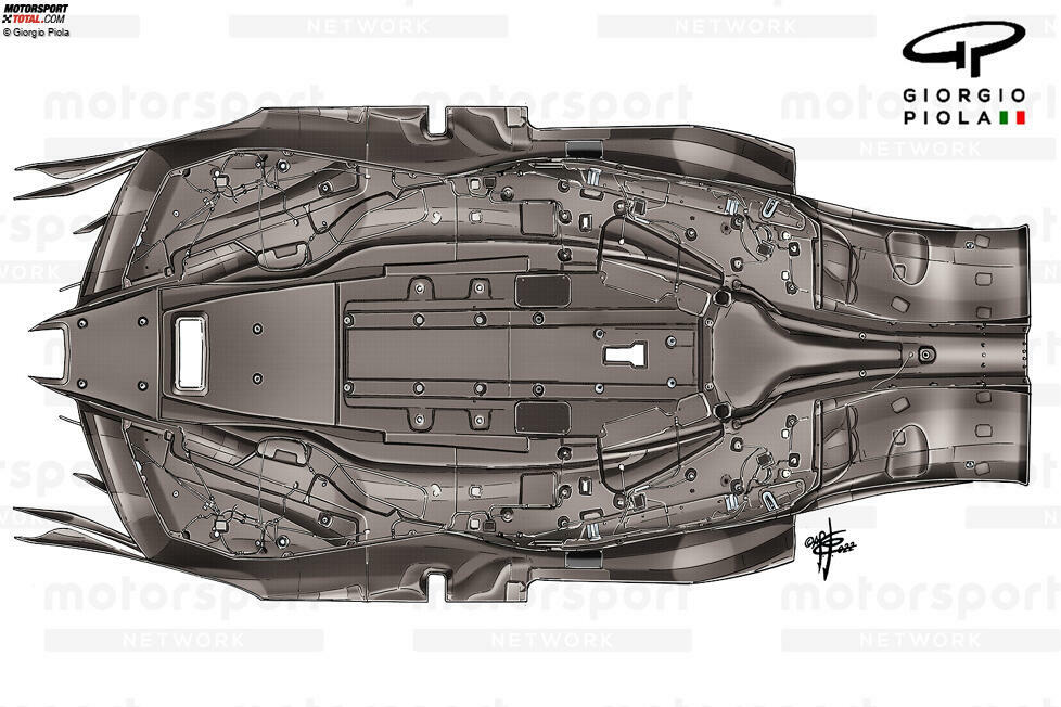 Ein Überblick über den Unterboden des RB18, wenn er nicht am Auto befestigt ist. Man kann sehen, dass der Boden an der hinteren Kante eine ähnliche Z-förmige Aussparung aufweist, wie wir sie im Jahr 2021 gesehen haben.
