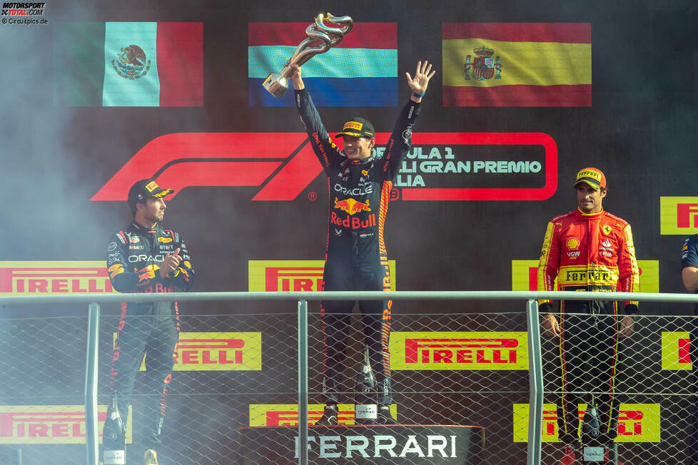 #14 Italien: Ferrari dreht beim Heimrennen in Monza auf und setzt Red Bull unter Druck, aber es reicht nicht. Im Rennen ziehen Verstappen und auch Perez an den Ferrari-Fahrern vorbei und erzielen den ersten Doppelsieg seit Miami. Für Verstappen ist es der zehnte Sieg in Folge - Rekord! WM-Zwischenstand: 364:219 Punkte.