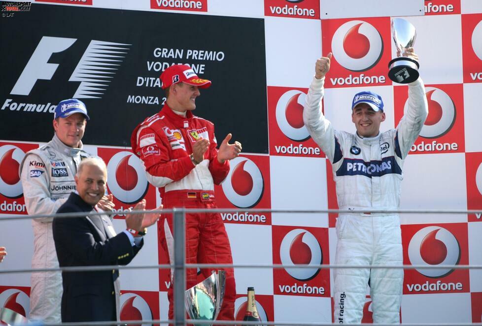 #9 Robert Kubica (21 Jahre, 9 Monate, 3 Tage) - Genauso lange braucht auch Robert Kubica. Der Pole springt in Ungarn 2006 erstmals bei BMW-Sauber für Villeneuve ein und fährt in Monza hinter Michael Schumacher und Kimi Räikkönen direkt auf das Podest.