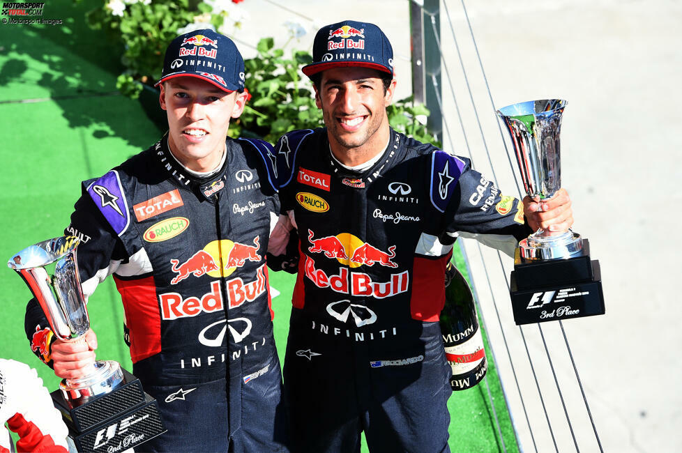 #5 Daniil Kwjat (21 Jahre, 3 Monate) - Schon etwas mehr Erfahrung hat Daniil Kwjat, als er in Ungarn 2015 Zweiter hinter Sebastian Vettel und vor Teamkollege Ricciardo wird. Nach einer Saison bei Toro Rosso wird er für 2015 zu Red Bull hochgezogen, wo es bis zum zehnten Saisonlauf dauert, bis er Champagner kosten darf.